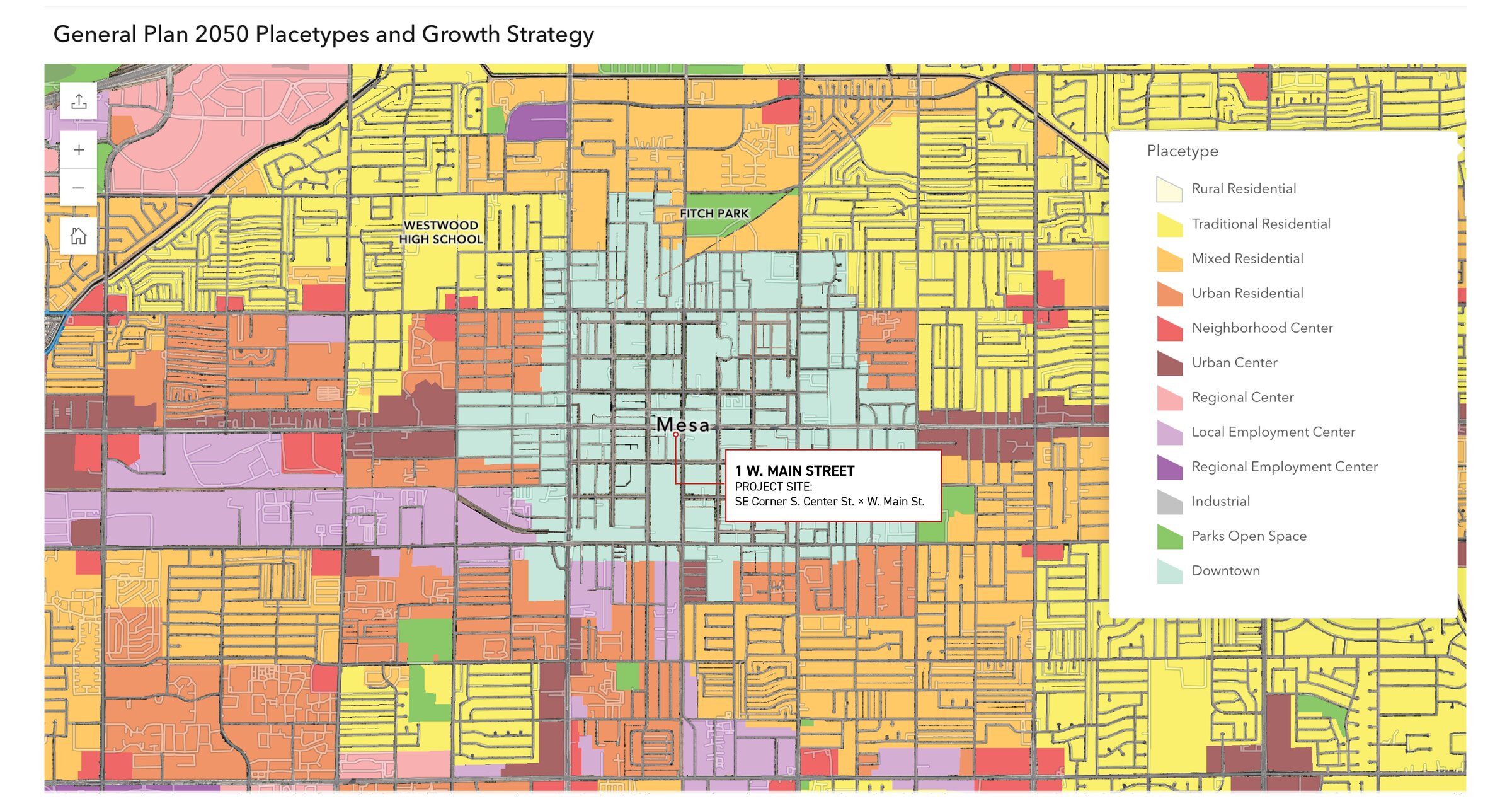 Mesa 2050 General Plan Placetypes — 1 W. Main project site in the Downtown placetype.